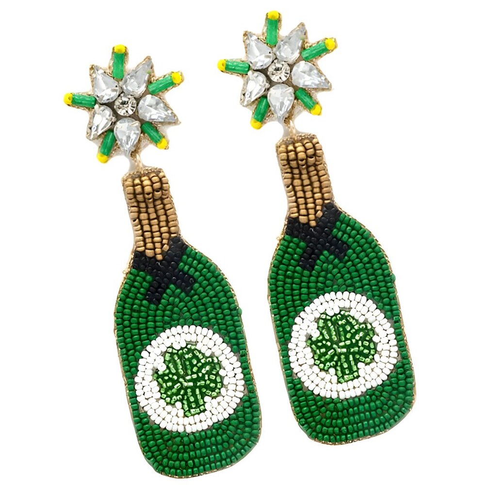 Brand NEW St Patrick's Day Irish Champagne Shamrock Bottle Etsy Beaded Earrings